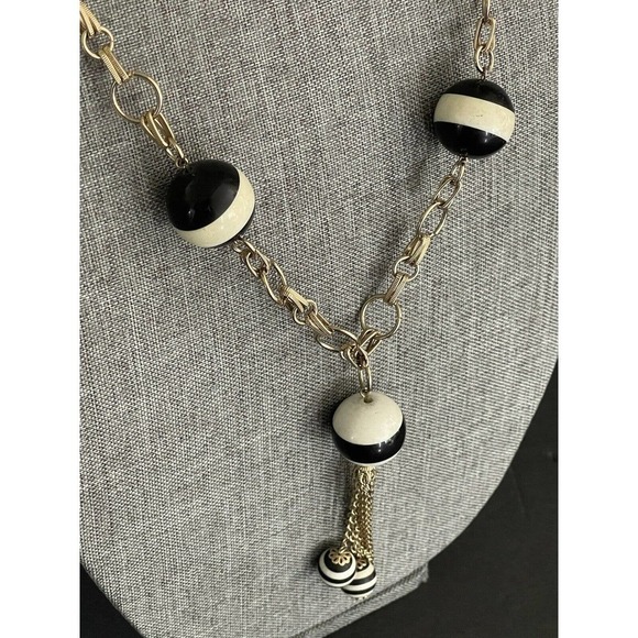 MCM VINTAGE ART DECO BLACK WHITE STRIPED BEAD RETRO TASSEL NECKLACE 36” - Picture 5 of 9